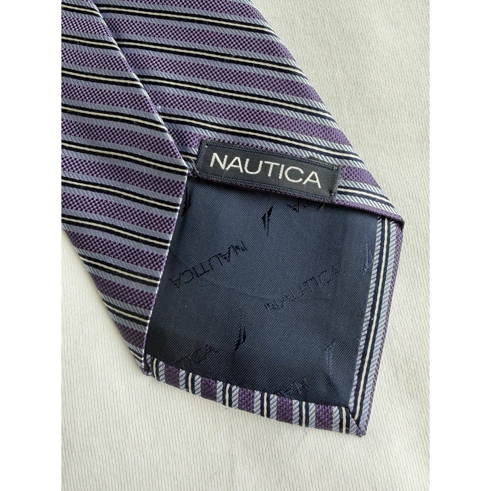 Nautica Purple Striped Woven Jacquard Repp 100% Silk Tie Made In USA 59 x 3.375